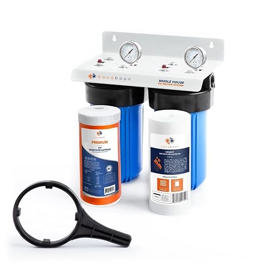 Aquaboon 2-Stage Whole House Water Filtration System with 5 Micron 10x4.5 Reducing Sediment and KDF Heavy Metals Water Filter Purification Cartrige, Pressure Gauges, Wrench, Bracket