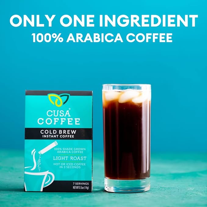 Cusa Tea & Coffee | Premium Instant Light Roast | Rainforest Alliance Certified Arabica Beans | Hot or Cold Brew Drink Mix Packets (30 Single Servings)