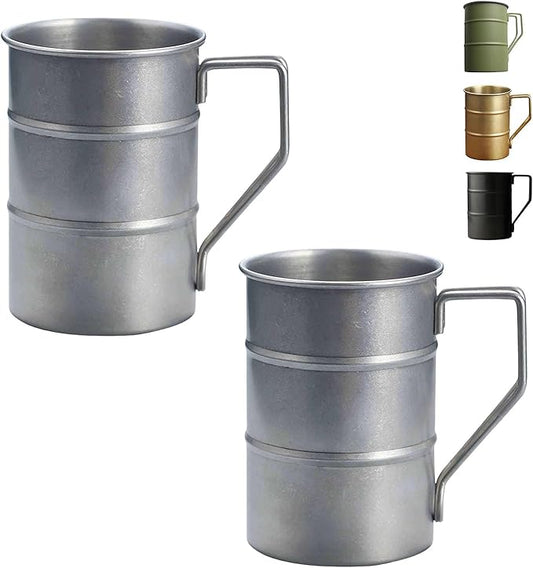 Vintage 304 Stainless Steel Camping Cups & Mugs Set of 2-12oz Portable Camping Coffee Mug & Backpacking Cup with Handle for Outdoor, Hiking, Travel, BBQ (DoubleHandles, silver)
