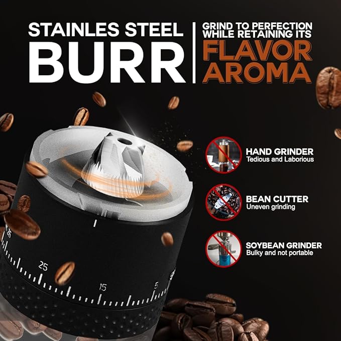 Burr Coffee Grinder - Portable Espresso Grinder with Stainless Steel Conical Mill for Travel, Camping - Cordless/Rechargeable Electric Coffee Bean Grinders with 38 Adjustable Grind Settings