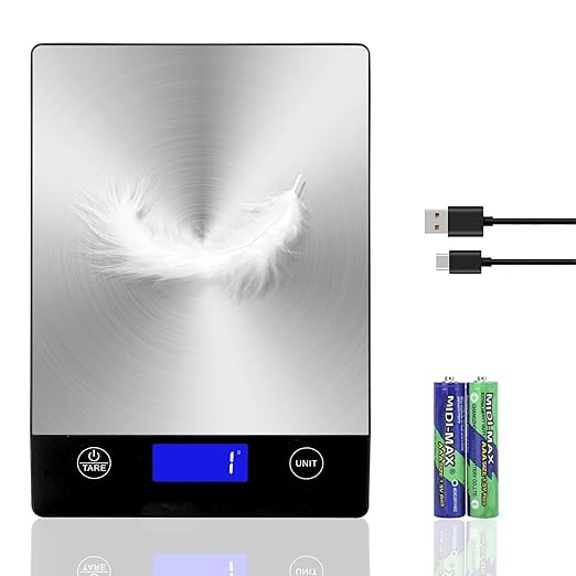 Rechargeable Food Scale, 22lb Digital Kitchen Scale for Food in Gram and Ounce, 0.1oz/1g Precise, 304 Stainless Steel, Perfect for Meal Prep, Cooking, and Baking, Batteries and Charging Cable