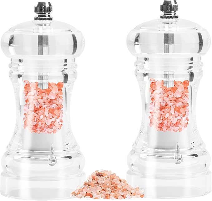 Clear Acrylic Pepper Grinder Mill, Salt and Pepper Shaker Salt Grinder Pepper Mill, Refillable with Adjustable Coarseness Ceramic Rotor (4.5 inch-2 Pcs)