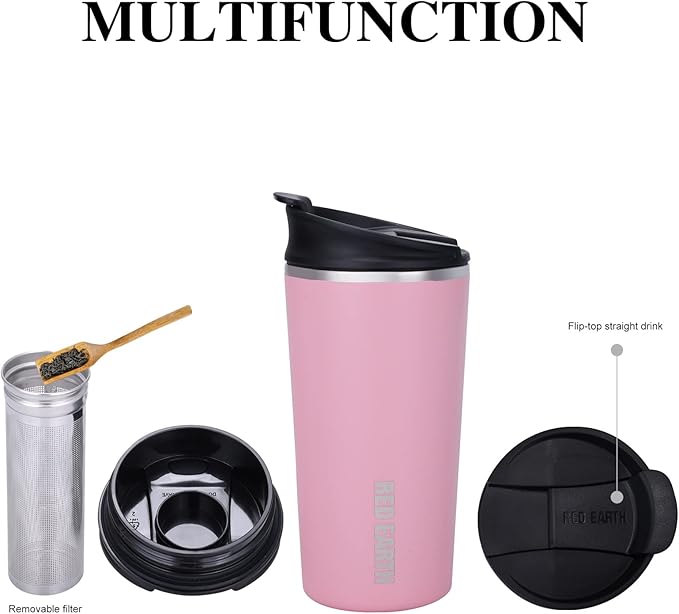 GiNT 17oz Travel Tea Mug with Infuser and Two Lid. Vacuum Insulated 316 Stainless Steel Travel Coffee Mug. Dishwasher Safe Tea Cup with Tea Strainer for Hot and Cold Brew Coffee or Tea(Pink)