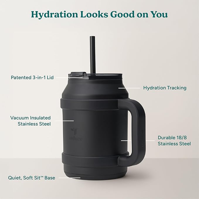 REDUCE Reusable 50 oz Cold1 Water Tumbler – Ergonomic Handle – Double-Wall Insulation – Sturdy Desktop/Tabletop Mug with Lid and Straw – BPA-Free – Stainless Steel for Gym, Home, or Office– Phantom