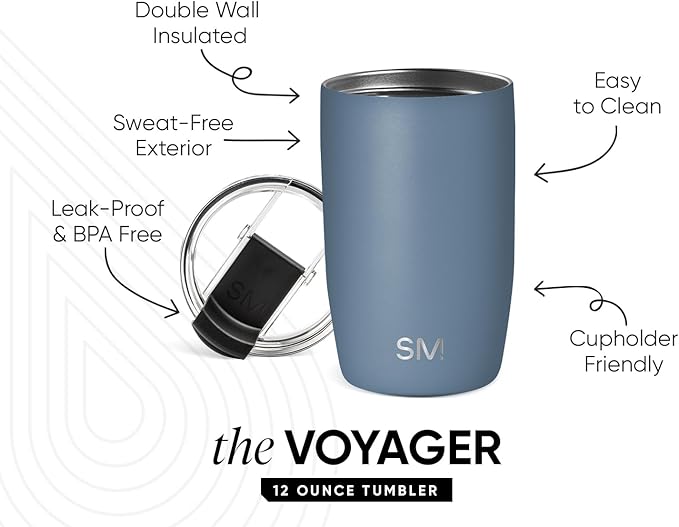 Simple Modern Travel Coffee Mug Tumbler with Flip Lid | Reusable Insulated Stainless Steel Cold Brew Iced Coffee Cup Thermos | Gifts for Women Men Him Her | Voyager Collection | 12oz | Blue Dune