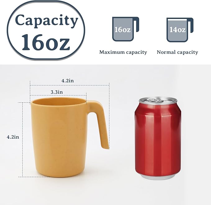 Wrova 16oz Wheat Straw Cups with handles set of 6-Plastic Cups Reusable-Unbreakable Kids Mugs-Dishwasher Safe & Microwave Safe-Ideal Mugs for Tea,Coffee,Camping,RV-Banana Yellow