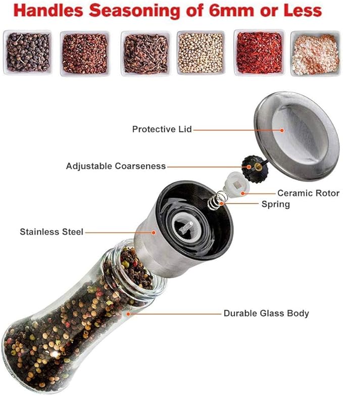 Salt and Pepper Grinder Tall Size - Black Pepper,Herb Shakers Mill Refillable Manual - Stainless Steel Lid - Adjustable Coarseness - Glass Material- Fits in Home,Kitchen,Barbecue