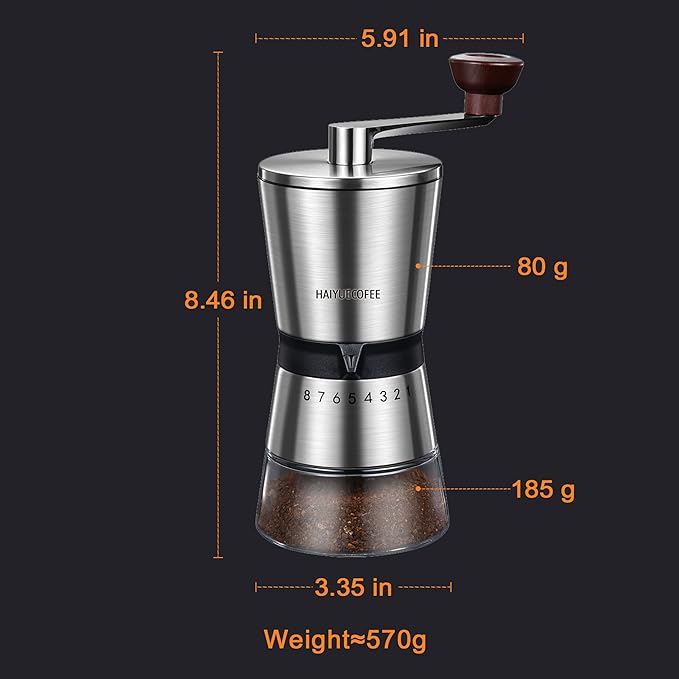 Manual Coffee Grinder with 8 Adjustable Coarseness Settings, Hand Crank Coffee Mill with Ceramic Burr for Espresso Beans, French Press, Pour Over, Drip Coffee – Rustproof, Non-Dulling