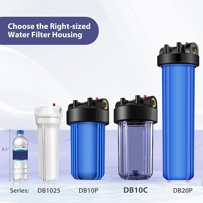 SimPure Whole House Water Big Filter Housing (DB10C), 10" x 4.5", Blue for Whole Home Water Filtration, Sediment Water Filter System for Well, 1" NPT Brass Port (Clear Housing)