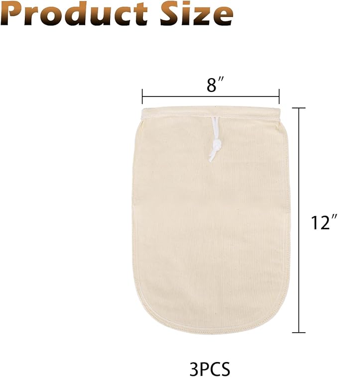 Reusable Cold Brew Coffee Bags, 100% organic cotton cold brew coffee filter bags, Mason Jar Cold Brew Bags, Washable Coffee Filter Pouch, Large 12"x8", 3 Pack, Beige