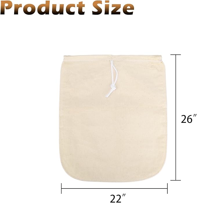 Organic Cotton Brewing Strainer Bag, 100% Unbleached Cotton Bag Reusable Hops and Cold Brew Coffee, for Fruit/Cider/Wine/Beer, Reusable Drawstring Straining XL 22x26 inches