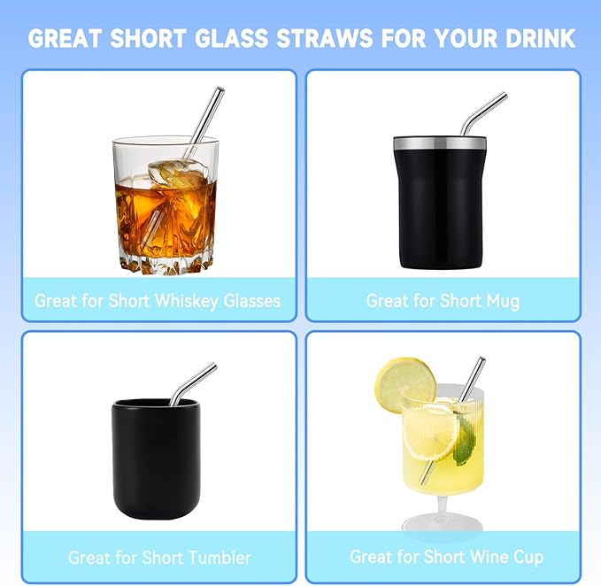10 Pcs Short Metal Straws, 6 in x 8 mm Metal Straws Reusable Stainless Steel Straws Bent with 2 Cleaning Brush, Reusable Short Drinking Straw for Cocktail Coffee Mugs Small Glasses Cups