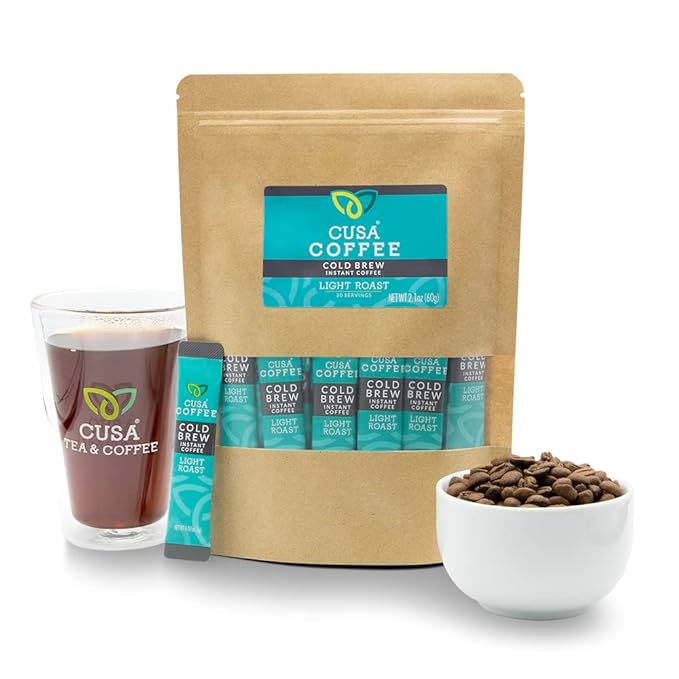 Cusa Tea & Coffee | Premium Instant Light Roast | Rainforest Alliance Certified Arabica Beans | Hot or Cold Brew Drink Mix Packets (30 Single Servings)