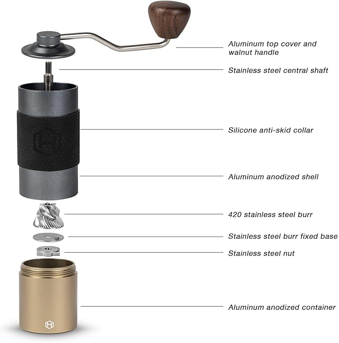 Manual Coffee Grinder - HEIHOX Hand with Adjustable Conical Stainless Steel Burr Mill, Capacity 30g Portable Mill Faster Grinding Efficiency Espresso to Coarse for Office, Home, Camping