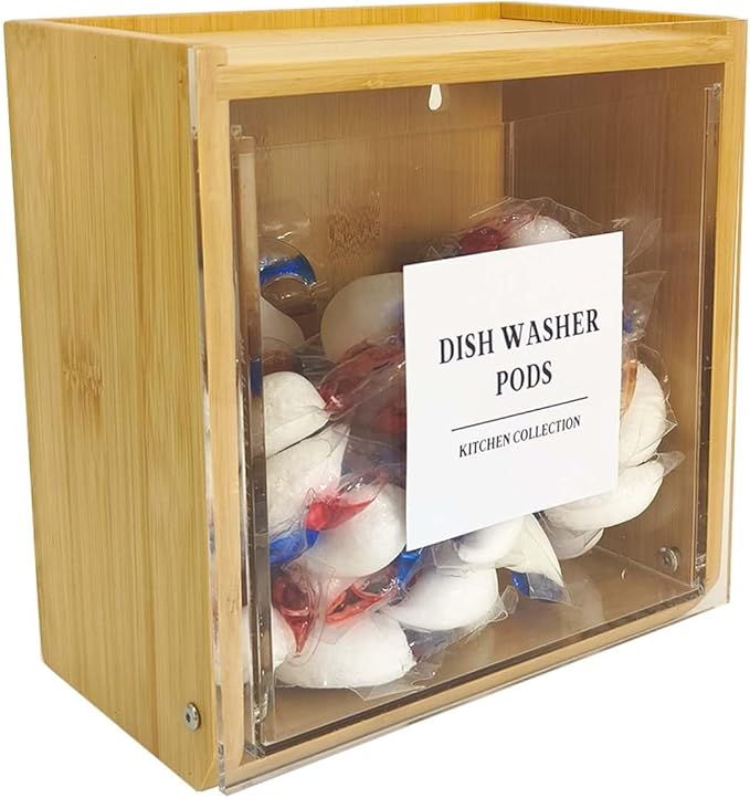 Laundry Pods Container, Acrylic Wall Mounted Organizer with Extra Labels, Candy Dispenser Coffee Pod Holder Dishwasher Pods Case for Home,Kitchen, Office, Bamboo