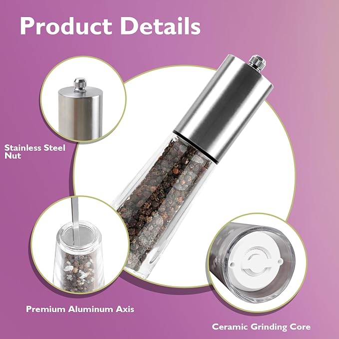 Stainless Pepper Grinder, 7.5 Inch Refillable Manual Salt Grinder with Adjustable Coarseness Pepper Mill, Oak Wood Salt and Pepper Grinder Mill for Cooking - Sliver