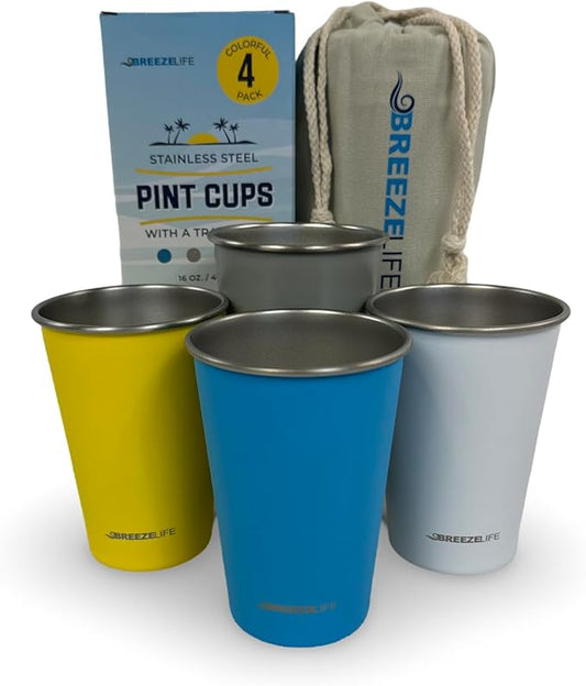 Breeze Life Stainless Steel Metal Cup Drinking Tumblers, Stackable, Shatterproof, Great for Camping, Outdoor Picnic, Festivals, BBQ Tailgating, 4-Pack, Blue, Gray, Yellow, White.