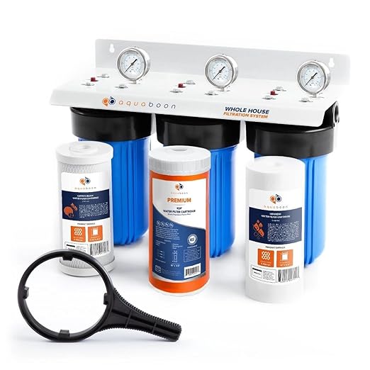 Aquaboon 3-Stage Whole House Water Filtration System with 5 Micron 10x4.5 Reducing Sediment, KDF Heavy Metals and Carbon Chlorine Reduction Water Filter Purification Cartrige, Pressure Gauges, Bracket