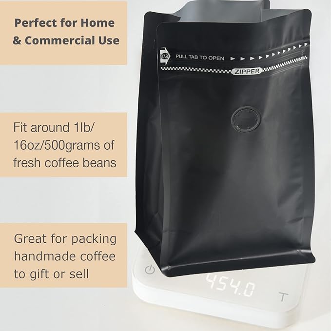 Black Coffee Bags with Valve (Pack of 100, 16oz/1 lb Size) - High Barrier Aluminum Foil - Flat Bottom Coffee Pouches with Rsealable Zipper & Easy Open Tape