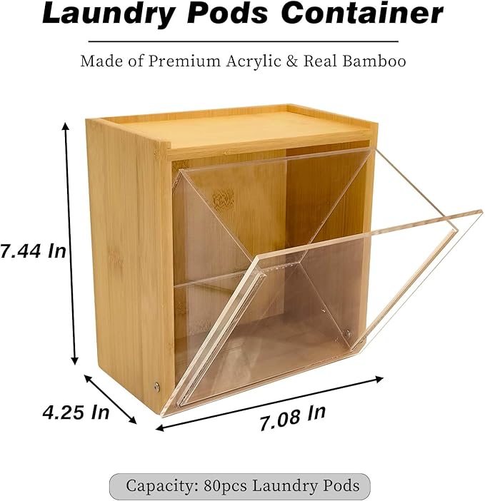Laundry Pods Container, Acrylic Wall Mounted Organizer with Extra Labels, Candy Dispenser Coffee Pod Holder Dishwasher Pods Case for Home,Kitchen, Office, Bamboo