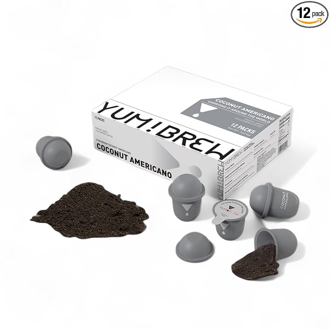 Yum!Brew Instant Coconut Americano Coffee – Freeze-Dried Yunnan Arabica | 12 Servings | Smooth & Nutty Flavor | Hot or Cold Brew | No Sugar | Low Calorie | Travel-Friendly Pods