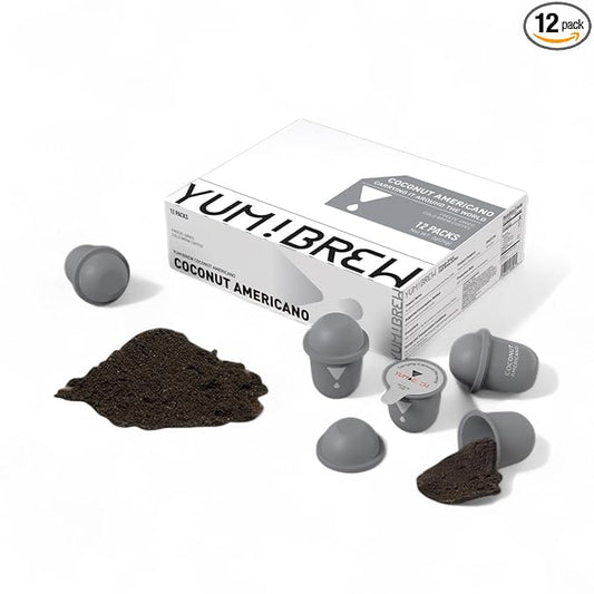 Yum!Brew Instant Coconut Americano Coffee – Freeze-Dried Yunnan Arabica | 12 Servings | Smooth & Nutty Flavor | Hot or Cold Brew | No Sugar | Low Calorie | Travel-Friendly Pods