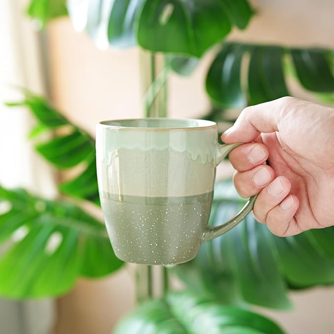 Bosmarlin Ceramic Coffee Mug Set of 4, 17 Oz, Green Coffee Cups with Big Handle, Microwave Safe, Unique Reactive Glaze