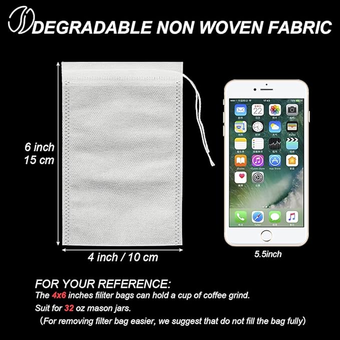 50pcs No Mess Cold Brew Bags, 4x6 inch Disposable Coffee Filter Bag Fine Mesh Brewing Drawstring Pouches for Iced Coffee Hot Tea Herb Spice