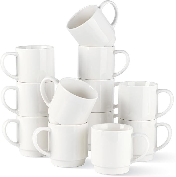 GBHOME 11OZ Stackable Coffee Mugs, Ceramic Coffee Mugs Set of 12 for Man,Woman,Dad,Mom, Porcelain Coffee Mugs for Latte/Cappuccino/Cocoa. Dishwasher&Microwave Safe, Off White