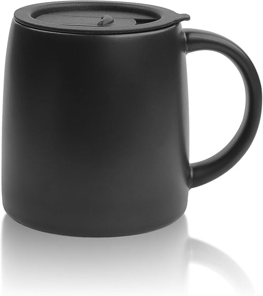 Classic Mug, 14 oz Large Coffee Mug with Handle, Ceramic Porcelain Tea Cup, Smooth Matte (Sliding Lid, Black)