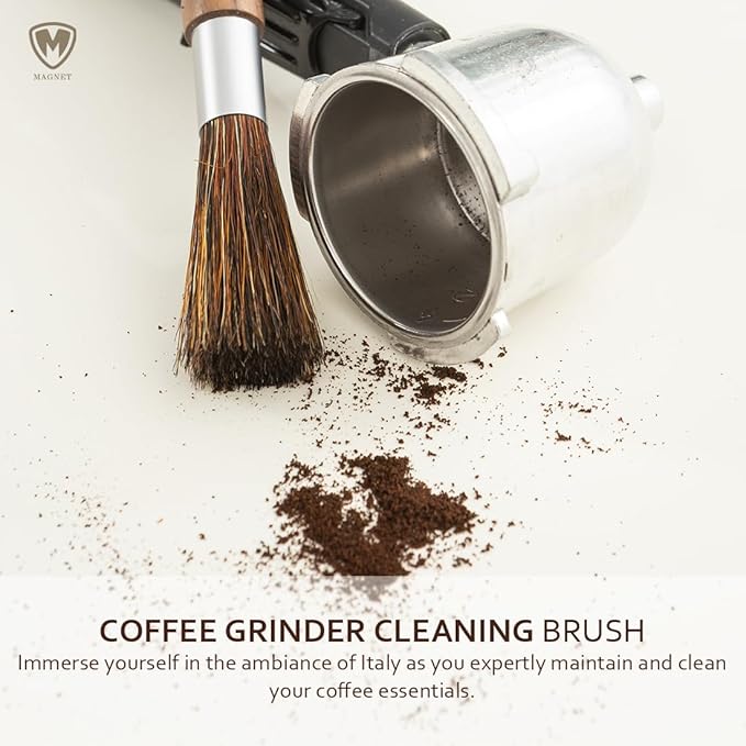 MAGNET Professional Coffee Grinder Cleaning Brush Coffee Brush Handling Accessory Tool Walnut Brush Handle Natural Bristle with magnetic snap for Camping Home Kitchen Barista