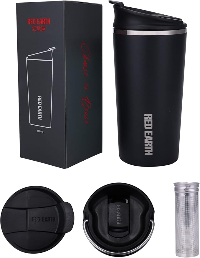 GiNT 17oz Travel Mug with Infuser and Two Lids. Vacuum Insulated 316 Stainless Steel Coffee Mug. Dishwasher Safe Mug with Tea Strainer for Hot and Cold Brew Coffee or Tea(Black)