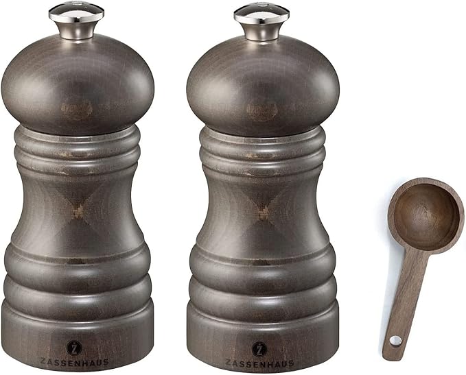 Zassenhaus Berlin Dark Stained Wood Salt & Pepper Mill Gift Set, Refillable Grinder, 4.7 Inches - With Wooden Spice Scoop