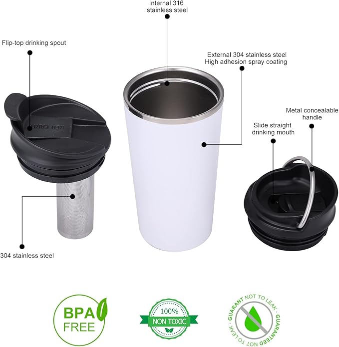 GiNT 17oz Travel Mug with Infuser and Two Lids. Vacuum Insulated 316 Stainless Steel Coffee Mug. Dishwasher Safe Mug with Tea Strainer for Hot and Cold Brew Coffee or Tea(White)