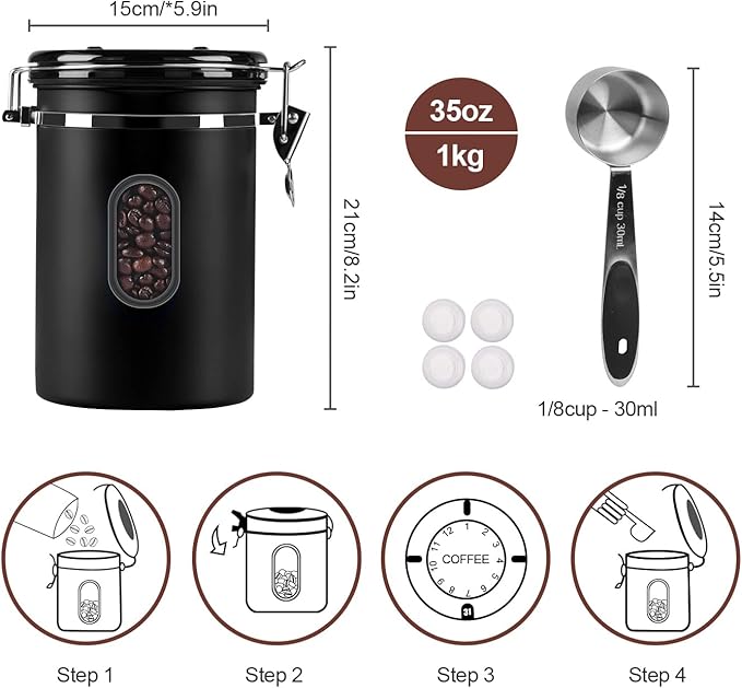 ROCKY&CHAO 2800ML Coffee Canister with Date Tracker&Transparent Window, 35OZ Coffee Container with 30ML Measure Spoon&4 co2 Valve, Coffee Bean Storage Container for Grounds Coffee, Beans, Tea(Black)