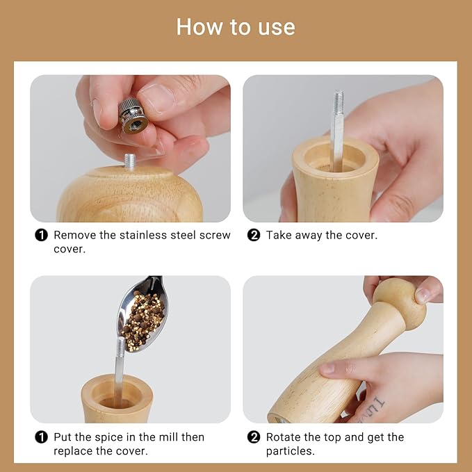 ManGotree Wooden Pepper Grinder, Adjustable Coarseness Pepper Mill, Refillable Manual Salt Grinder, Oak Wood Pepper Grinder Mill for Kitchen, 8 Inch (Natural)