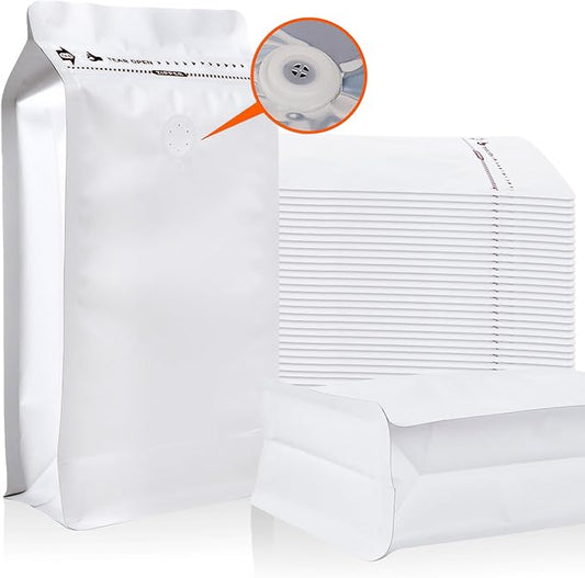 NEW Upgraded Coffee Bags with Valve (50 PCS, 8 oz/0.5 lb) White High Barrier Aluminum Foil Flat Bottom Standing Coffee Bean Storage Bags, Reusable Heat Seal Side Zipper Pouches for Home and Store