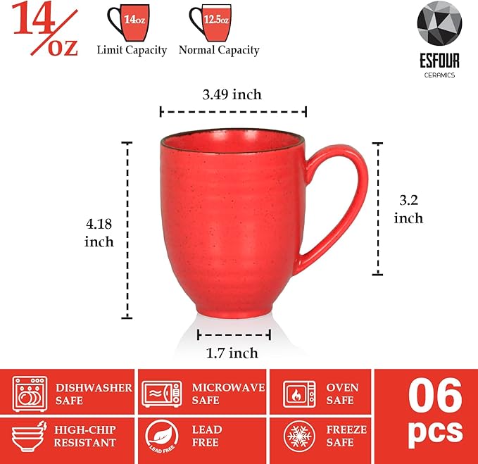 Coffee Mugs Set Of 6, 14 Oz Large Handle Heavy Duty Cups - Microwave Dishwasher Safe - Latte, Cappuccino, Tea, Cocoa, Mocha - Men, Women, Home Office Daily Use, Matt Assorted Colors