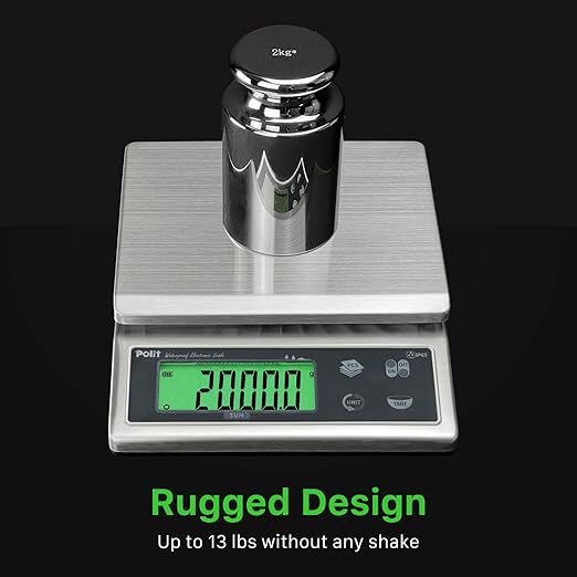 Polit Sun Rechargeable Food Scale for Kitchen13lb/6kg, 0.02oz/0.5g Precision IP65 Waterproof Kitchen Scale with LCD Display Stainless Steel Top, Grams & Ounces for Seafood, Baking & Restaurants