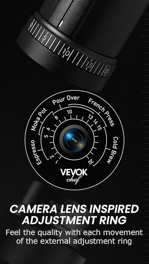 Vevok Chef O20 Manual Coffee Grinder - 20 levels External Adjustment, 35g Capacity with Travel Case and Cleaning Gear, Consistent Grind Ti-Plated Stainless Steel Conical Burr Hand Coffee Grinder