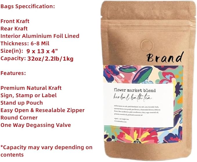 35 Ounce 100 Pieces Coffee Bags with Ziplock - High Barrier Natural Kraft Paper Stand up Coffee Pouches with Air Release/One Way Degassing Valve & Reusable Zipper (100, 35oz/2.2lb/1kg)