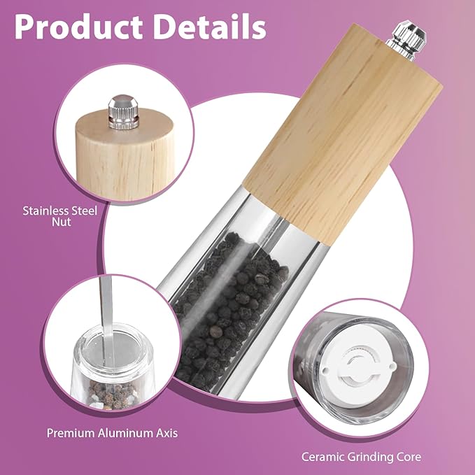 Wooden Pepper Grinder, 7.5 Inch Refillable Manual Salt Grinder with Adjustable Coarseness Pepper Mill, Oak Wood Salt and Pepper Grinder Mill for Cooking - Natural