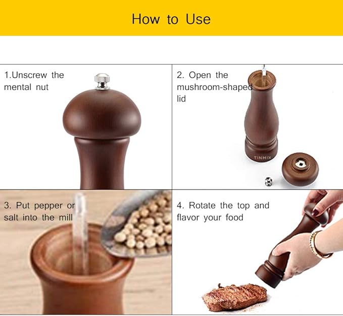 Wooden Pepper Grinder or Salt Mill, TINMIX Black Peppercorn Grinder with Adjustable Roughness Ceramic Rotor and Easily Refillable, Oak Wood Capstan Sea Salt Mill for Your Kitchen (5 inch)