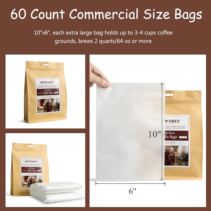 Cold Brew Coffee Bags 60 Count Disposable Fine Mesh Brewing Bags for Concentrate/Iced Coffee Maker, French/Cold Press Kit, Hot Tea in Mason Jar or Pitcher, 6 x 10 Inches