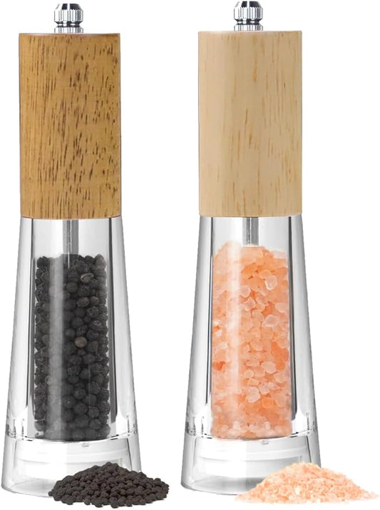 Wooden Salt and Pepper Grinder Set, 7 Inches Salt Grinder with Adjustable Coarseness Pepper Mill, Refillable Manual Salt Grinder, Oak Wood Salt and Pepper Grinder Mill for Kitchen - 2 Pack