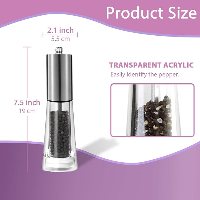 Stainless Pepper Grinder, 7.5 Inch Refillable Manual Salt Grinder with Adjustable Coarseness Pepper Mill, Oak Wood Salt and Pepper Grinder Mill for Cooking - Sliver