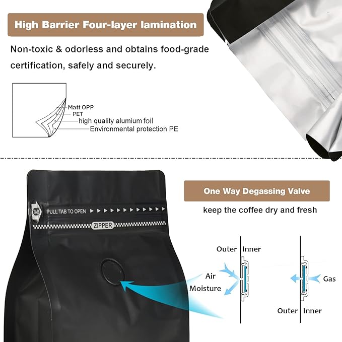 Black Coffee Bags with Valve (Pack of 100, 16oz/1 lb Size) - High Barrier Aluminum Foil - Flat Bottom Coffee Pouches with Rsealable Zipper & Easy Open Tape