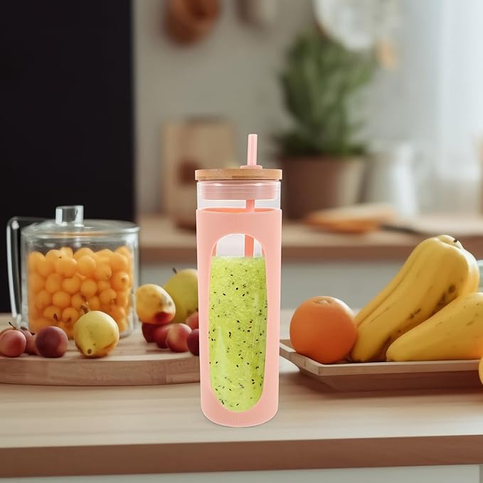 Glass Water Cup with Lid and Straw, Reusable Glass Tumbler with Silicone Sleeve, 16oz Coffee and Juice Drinking Cup for Cold Brew and Beverage on The Go