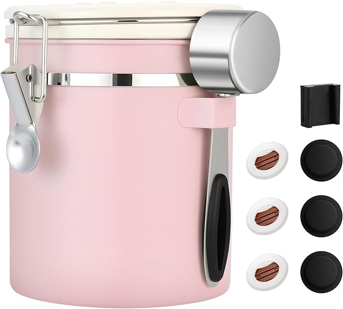 ShanSon Coffee Canister Airtight Coffee Container Stainless Steel Coffee Bean Storage Container with Scoop Coffee Canister for Beans Grounds Sugar Flour Tea Cereal,16OZ, Pink