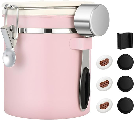 ShanSon Coffee Canister Airtight Coffee Container Stainless Steel Coffee Bean Storage Container with Scoop Coffee Canister for Beans Grounds Sugar Flour Tea Cereal,16OZ, Pink